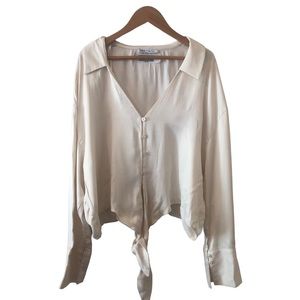 Zara Cropped Button Tie Front Blouse Size M